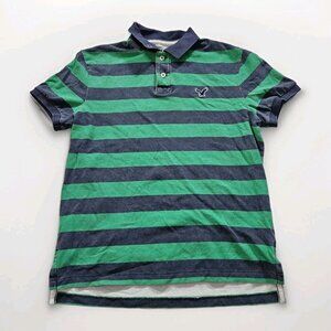 American Eagle Polo Shirt Mens M Green Navy Stripes SS Embroidery Cotton FLAW